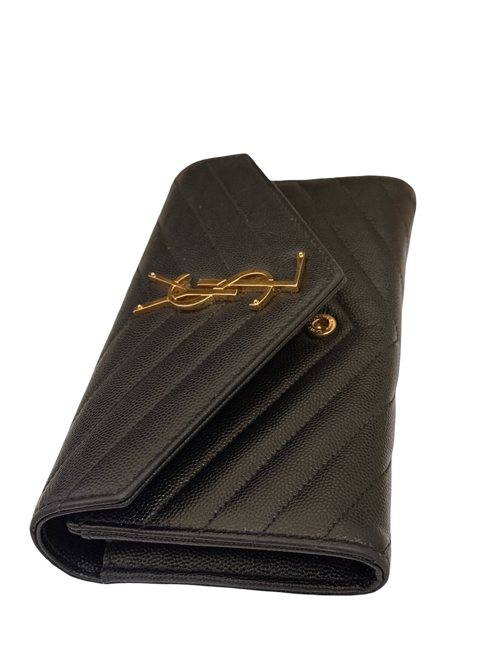 Saint Laurent Black Chevron Leather Wallet with Gold YSL Emblem Crossbody - Picture 10 of 15